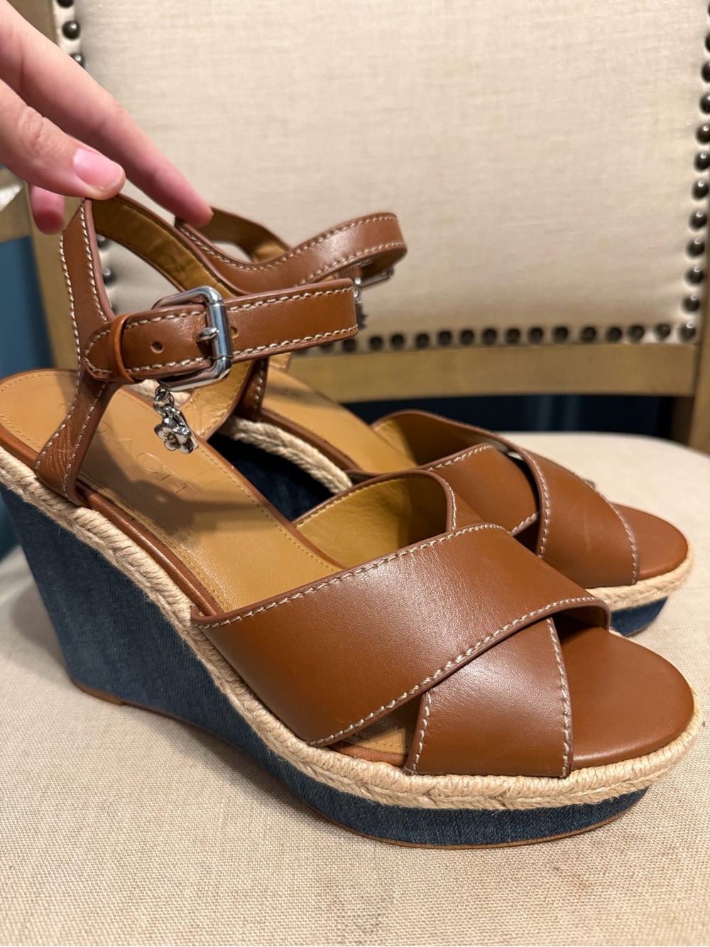 Coach Tan Leather Espadrille Wedge Sandals Size 7.5